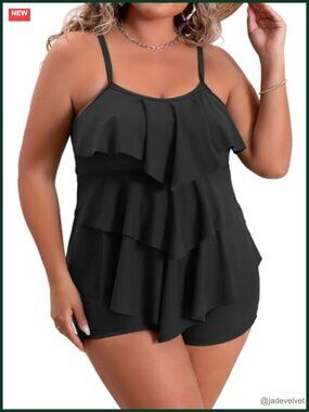 Plus Size Tummy Control Tankini Set with Shorts Ruffle Flounce Swimwear